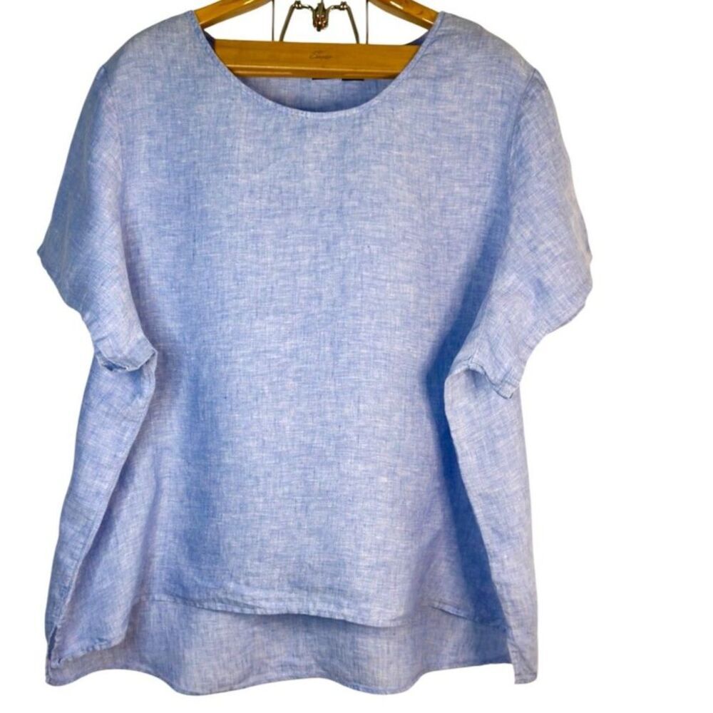 Tahari Blue 100% Linen Coastal Beachy Short Sleeve Scoop Neck Blouse Sz: 3X